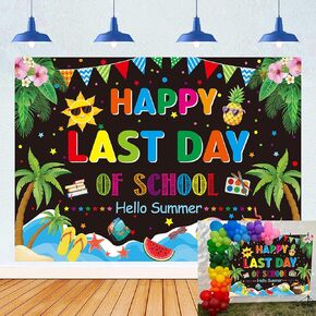 Happy Last Day of School Hello Summer Backdrop Woydbye Hello Pool Party Party Background Class Severy Seedn Seynd of 2025 Summer Tropical Beach Pool Party Decorations (70 × 40 بوصة (6x4ft))