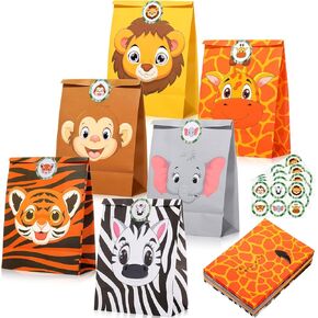 Shihanee 24 PCS Safari Goodie Bags 8 × 6 × 3 '' الحفلات الحفلات الحفلات الحلوى الأكياس لعلاج 6 أنماط الحيوانات مع ملصقات الغابة Safari Decorations Supplies Supplies