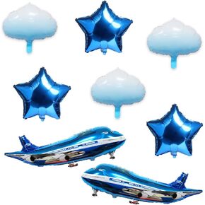 بالونات الطائرات - 31 بوصة بالونات طائرة زرقاء لحفلة عيد الميلاد - 2PCS Airplane ، 3pcs Cloud ، 3pcs Stars