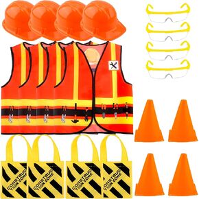 20 Pcs Kids Construction Costume Worker Role Play Dress up Set with Construction Hat Vest Builder for Halloween
