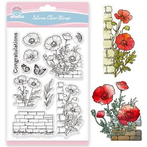 Globleland Poppy Clear Stamps Flowers Butterfly Silicone Clear Stamp Seals Wall Wall Sharpharent Form