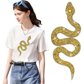 Snake Shaped Iron on Patch Glitter Rhinestones Applique Crystal Jeweled Snake Iron on Patches for Clothing Jackets Hats DIY Decorations Supplies (Gold)