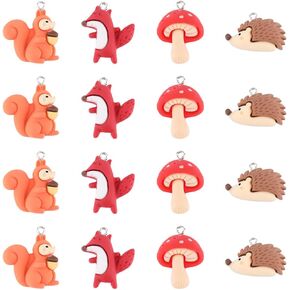 SUNNYCLUE 24Pcs 4 Styles Mini Resin Animal Charms Forest Animals Charm Small Mushroom Squirrel Hedgehog Fox Plant Charm Bulk for Jewelry Making Charms Supplies Keychain Earring Necklace DIY Crafts