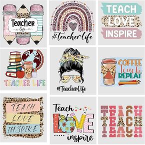 4/9/12 Pcs,Colorful Teacher Life Theme Iron-On Transfers, HTV Heat Transfer Vinyl Decals, Mixed Colors, Letters Designs Patches for T-Shirts, DIY Crafts and Clothing Decoration (TC-03)