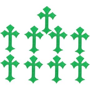 Cross Patch Green Embroidered Patches Iron on Applique Embroidery Accessory 10 Pieces