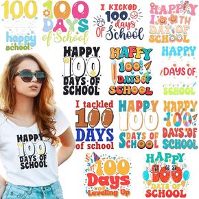 Glenmal 12 Pcs 100 Days of School Iron on Transfers Stickers for Shirts 100 Days of School Decals DIY Iron on Retro Heat Transfer for Teacher Student Clothes Bag Pillow Appliques Crafts(Retro)