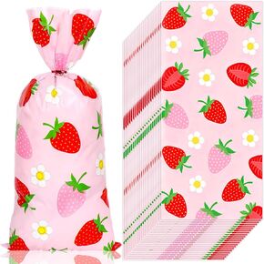 FYSUIMU 100Pcs Strawberry Cellophane Treat Bags with Twist Ties Cute Red Pink Strawberry Flower Plastic Candy Goodie Bags for Summer Birthday Party Packing Supplies