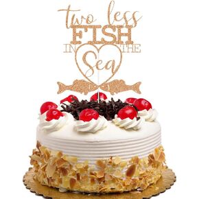 Two Less Fish in The Sea with Fishes Cake Topper, Wedding Cake Toppers, Engagement Bridal Shower Bachelorette Party Decorations, Rose Gold Glitter