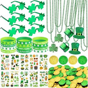 163pcs حزب سانت باتريك إكسسوارات الحفل مجموعة ، ملصقات الوشم ، القلادات ، الأساور ، نظارات شامروك ، عملات محظوظة لمستلزمات الحفلات الأيرلندية