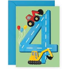 CENTRAL 23 Fourth Birthday Card for Boys - Happy 4th Birthday - Age 4 - Four Year Old - Tractors Greeting Card - Fun Construction Vehicle Themed Card for Kids - Son, Grandson - With Stickers