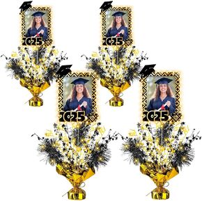 Marsui 4 Set 2025 Graduation Centerpieces for Table Graduation Party Decorations 2025 Metallic Foil Spray Star Table Centerpiece with Grad Picture Frames and Lights for Grad Decor(Silver and Blue)
