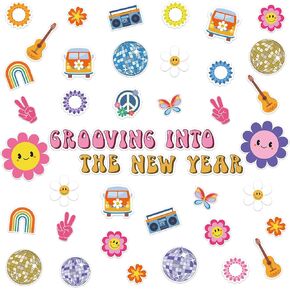 2025 New Year Bulletin Board Decorations Set Groovy Bulletin Board Decor Disco Ball Rainbow Flower Guitar Paper Cutout for New Year Eve Party Supplies School Classroom Home Wall Decor
