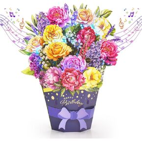 Birthday Cards, LIGHTS & MUSIC Happy Birthday Card, Pop Up Paper Rose/Peony/Lilac Flower Bouquet, 3D Popup Birthday Greeting Gift Card for Women Wife Mom Daughter Sister Friends