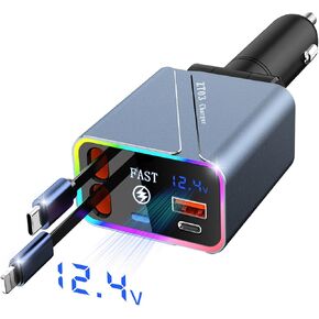 شاحن سيارة قابل للسحب 4 في 1 [محول شاحن سيارة USB C بقدرة 146 وات] شاحن سيارة شحن سريع 65 وات مع سلك 35.43 بوصة، هدية للرجال والنساء، شاحن هاتف سيارة لهاتف iPhone 16/15/14/13/12 Android