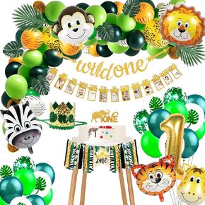 Wild One Birthday Decorations - Jungle Theme Party Supplies Include Leaf, Baby Photo Banner, Highchair Banner, Topper, Balloons Garland Arch, Crown, for 1st Animal Safari Birthday Party Decor