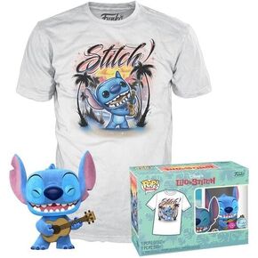 فونكو بوب! & tee: Lilo and Stitch - UkeLele Stitch (flocked) - 3 Extra Large - (3XL) - T -Shirt - ملابس مع Minifigure القابلة للتحصيل فينيل - فكرة هدية - ألعاب وأعلى من الأكمام القصيرة للبالغين للجنسين