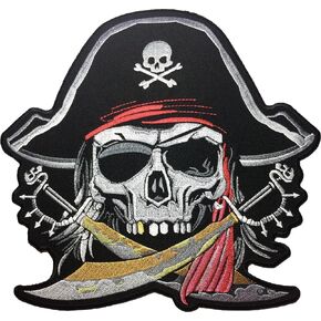 [Large Size] Papapatch Pirate Skull Captain Ghost Cross Swords Red Turban Hat Embroidered Sewing Iron on Patch (Skull-Pirate-Large)