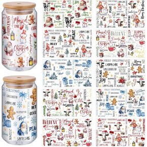 Lyrow 12 Sheets Christmas UV DTF Cup Wrap Transfer Sticker for Glass Xmas Rub on Transfers Decals for 16 oz Glass Cup Transfers for Furniture Waterproof Decals for Cups DIY Crafts(Classic)