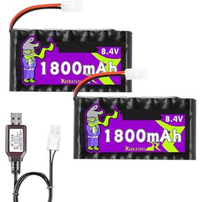 8.4v 1800mAh Ni-CD بطارية قابلة لإعادة الشحن مع قابس Ket2p/Tamiya (أبيض) ، تناسب 1/14 1/18 1/20 سيارة التحكم عن بُعد عالية السرعة خارج طريق ROAD ROCT ROCK مع شاحن (7*AA)