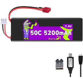 2S 7.4V 5200MAH 50C (BURST 70C) LIPO بطارية LIPO مع CASE T PLUP (RED) ، تناسب شاحنات CAR RC 1/8 1/10 MOOTICLESFOUR-WHEEL على الطرق الوعرة مع شاحن USB 2-S و 1-8S جهد الجهد