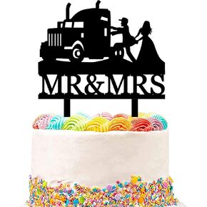 Heavy Truck Wedding Cake Topper,Funny Mr And Mrs Cake Topper,Bride and Groom with Heavy Truck Cake Topper for Wedding/Anniversary/Bridal Shower Party Decor(Black Acrylic)