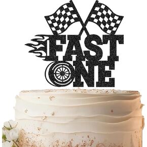 FAST One Cake Topper - Black Glitter Race Car موضوع ديكور كعكة عيد الميلاد الأول ، وسباق سيارة المتقلب