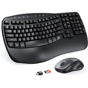MEETION New Ergonomic Keyboard and Mouse Wireless Combo, Wavy Keys Natural Typing, 2.4G Wireless Keyboard Full Size with Wrist Rest, 4 Adjustable DPI Wireless Mouse, Windows/Mac/Computer/Laptop, Black