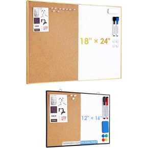 ARCOBIS Cork Board White Board Combo, 24 x 18 Inch Bulletin Board-Gold Frame, Magnetic Dry Erase Board & Corkboard and 12"X16" Small Bulletin Board for Wall