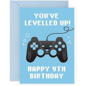 CENTRAL 23 Fun Ninth Birthday Card for Boys - 'You've Levelled Up!' - Happy 9th Birthday - 9 Year Old - Blue Greeting Card for Gamers - For Kids - Gift for Son, Grandson - With Stickers
