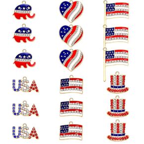 YAHPERN 40PCS American Flag Charms 4th of July Patriotic Charms for Jewelry Making Rhinestone Enamel Heart Star Pendant Charms for DIY Necklace Bracelet Earrings Crafts