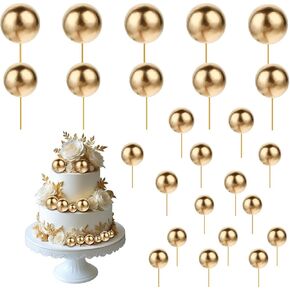 30 PCS GOLD BALLS CAKE Topper ، Ball Cupcake Topper DIY Cupcake Insert Pallonons for Cake Baking Wedding Anniversary Decoration (أحجام متعددة)