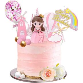 16 Pcs Princess Cake Topper With Foam Balls And Flower Cake Decoration for Girl Princess Happy Birthday Party Decorations Cake Decorations