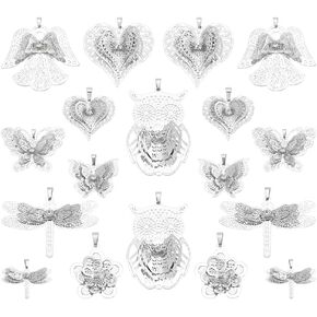 Ph Pandahall 18pcs Butterfly Owl Charms 9 أنماط Filigree Dragonfly Flower Angel Presants Silver Heart Charms Brass 3D Filigree Pertants for Necklace Making Diy Crafting Halloween