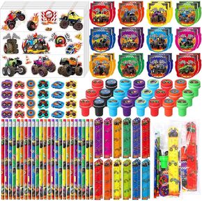 cholemy 168 PCS Monster Truck Party Forms Supplies Monster Truck Stuper Setticer Stappicer Stamper Eraser Ruler Pencil Bag for Baby Dame Birthday Party Giftroom Afrack
