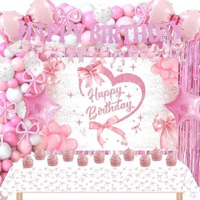 Pink Bow Birthday Decorations - Pink Bow Balloon Arch Kit Metallic Tinsel Streamer Curtains, Glitter Bow Banners Coquette Birthday Decorations Backdrop Tablecloth