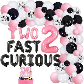 90pcs Pink Racing Car 2nd عيد ميلاد ديكورات للحفلات للفتيات ، واثنان من البالونات السريعة 2 رقائق مع مجموعة من البالون السوداء البالون