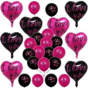 Hot Pink & Black 28PCS I Love You Balloons - Valentines Day Decorations Kit for Party, Wedding, Engagement, Anniversary, Romantic Night