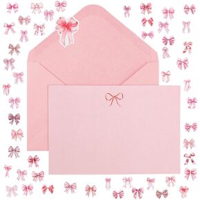 50 Pack Pink Bow Stationery Cards with Envelopes and Stickers Coquette Bowknot Thank You Greeting Cards Cute Pink Blank Note Writing Paper for Wedding Bridal Baby Shower Birthday Party