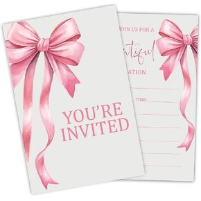 Pink Bow Birthday Invitations for Girls, 30 Double ided Design Birthday Party Invitations with Envelopes