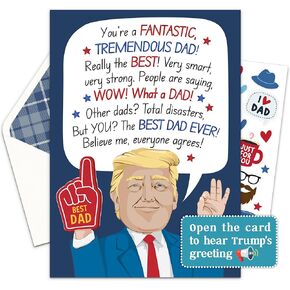 Decorably Red and Blue Foiled 5x7in Talking Trump Happy Fathers Day Card with Sound Features Donald Trump's Voice, Funny Fathers Day Cards Dad with Envelope and Stickers, Presidential Theme Greeting