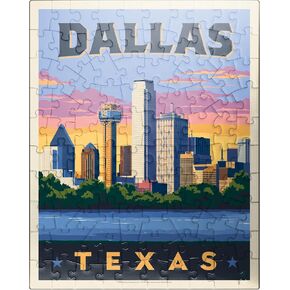 MyPuzzle Dallas, Texas: Downtown River View, Vintage Poster - Premium 1000 Piece Jigsaw Puzzle for Adults