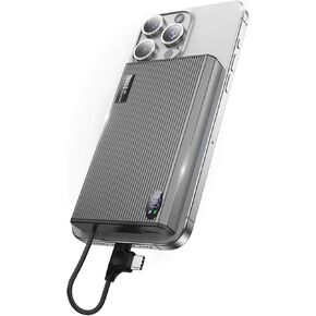 Small Portable Charger Power Bank, 5000mAh 20W PD Fast Charging Mini Battery Pack, Built-in USB C and Lightning Charging Cord, Charge Card Phone Charger for Samsung iPhone 16/15/14/13/12 Pro Max, Grey