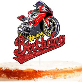 Red Glitter Happy Birthday Motorbike Cake Topper Birthday for Off-road Mountain Motorcycle Race Car Theme Decor Supplies 1st Baby Shower Boys Girls Kids Family Party Decorations