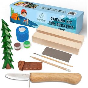 طقم نحت خشب Beavercraft للأطفال DIY 08 - مجموعة Whittling للمبتدئين - مجموعات هوايات للأولاد - مجموعة Whittling تشمل سكين نحت الخشب للأمان للأطفال ، و Basswood Blocks