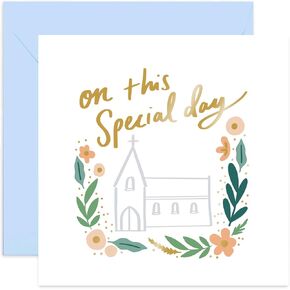 Old English Co. On This Special Day Church Card - Floral Pastel Gold Foil Card for Friends and Family | Wedding Day, Baptism, Christening, Holy Communion Gifts | Blank Inside & Envelope Included