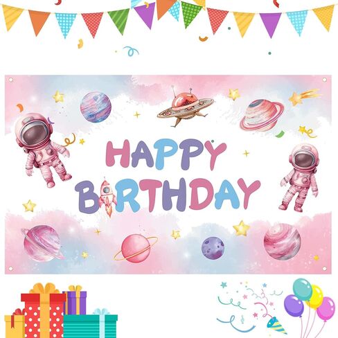 Pink Space Happy Birthday Decoration Background for Girls, Astronaut Birthday Backdrop Galaxy Planet Banner Solar System Planet Poster for Kids Party Banners Decoration, 70.8 X 43.3 Inches in Saudi Arabia