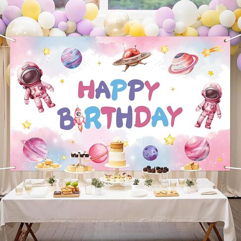 Pink Space Happy Birthday Decoration Background for Girls, Astronaut Birthday Backdrop Galaxy Planet Banner Solar System Planet Poster for Kids Party Banners Decoration, 70.8 X 43.3 Inches in Saudi Arabia