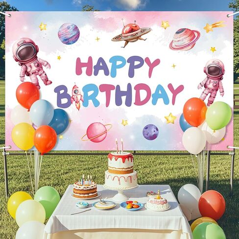 Pink Space Happy Birthday Decoration Background for Girls, Astronaut Birthday Backdrop Galaxy Planet Banner Solar System Planet Poster for Kids Party Banners Decoration, 70.8 X 43.3 Inches in Saudi Arabia