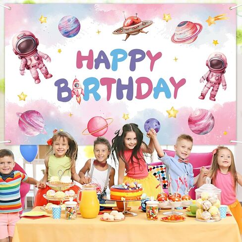 Pink Space Happy Birthday Decoration Background for Girls, Astronaut Birthday Backdrop Galaxy Planet Banner Solar System Planet Poster for Kids Party Banners Decoration, 70.8 X 43.3 Inches in Saudi Arabia