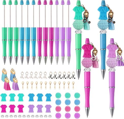 NEWEST 12 Pieces Nurse Beadable Pens kit Plastic Bead Pens with 36 Multicolor Beads 12 Tassels 12 Pendants DIY Pen Making Kit Black Ink Beaded Ballpoint Pens Bulk for Nurse Office School Student Gifts in Saudi Arabia
